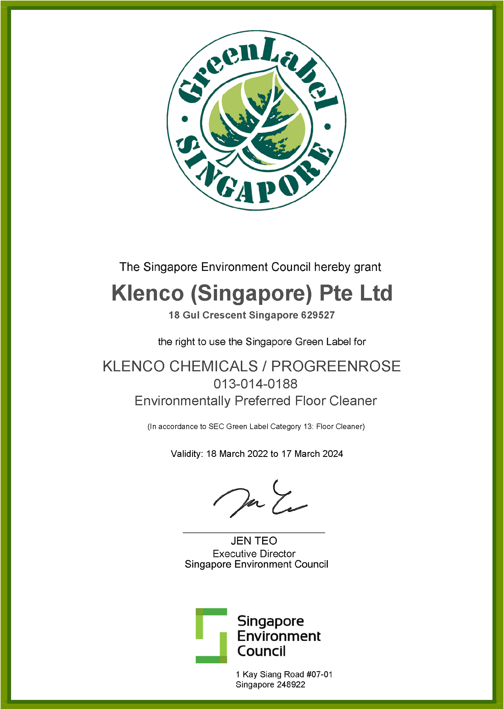 Progreen Certificate 2022 2024 klenco singapore